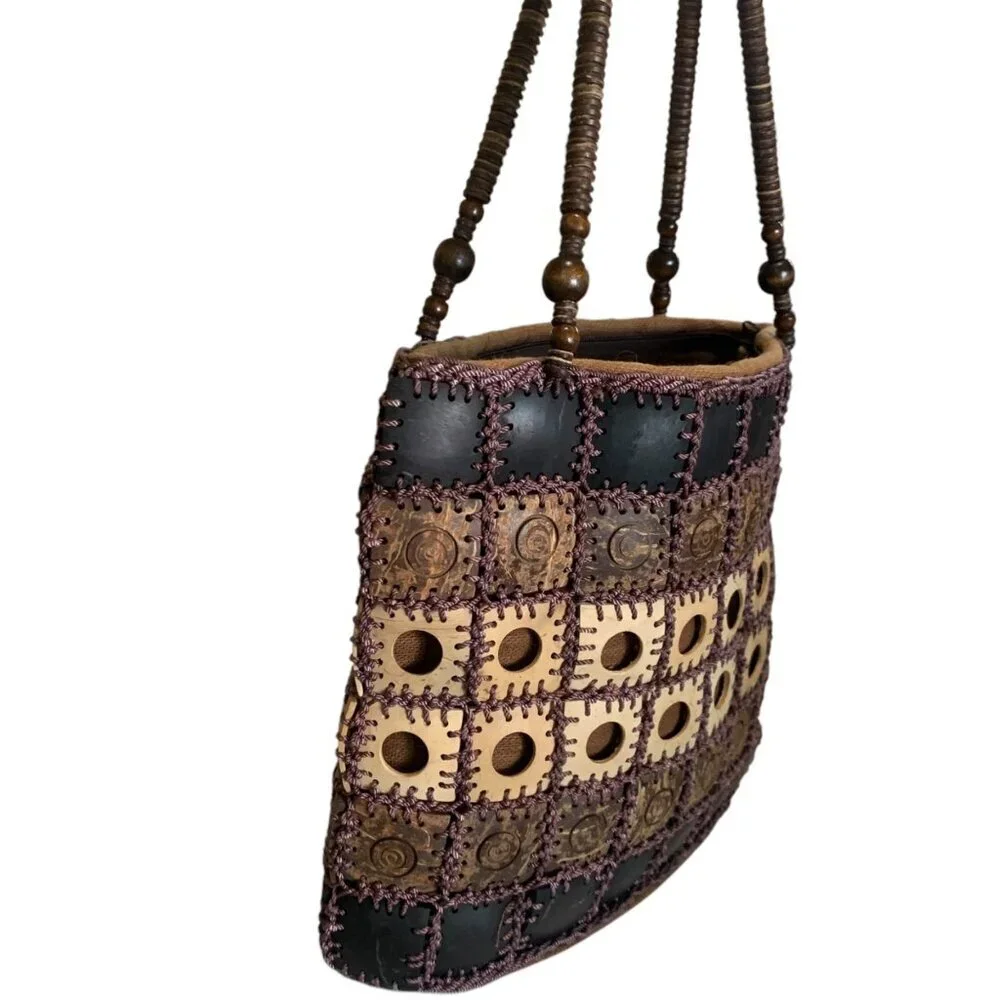 Handcrafted Boho Patchwork Shoulder Bag Beaded Straps & Unique‎ Coconut Shells